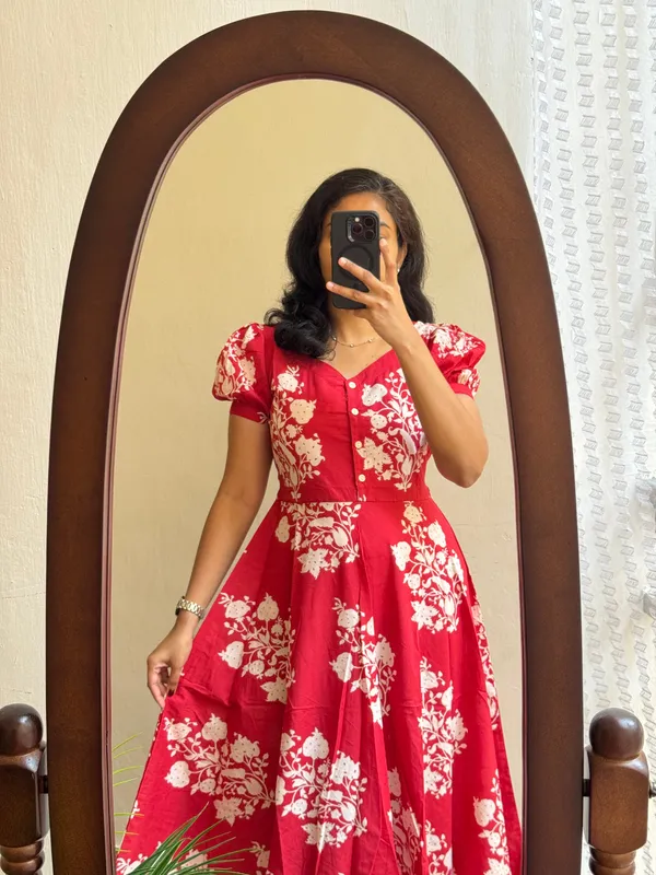 ikkat_Print_Cotton_Full_Flair_Red_Middi_Gown