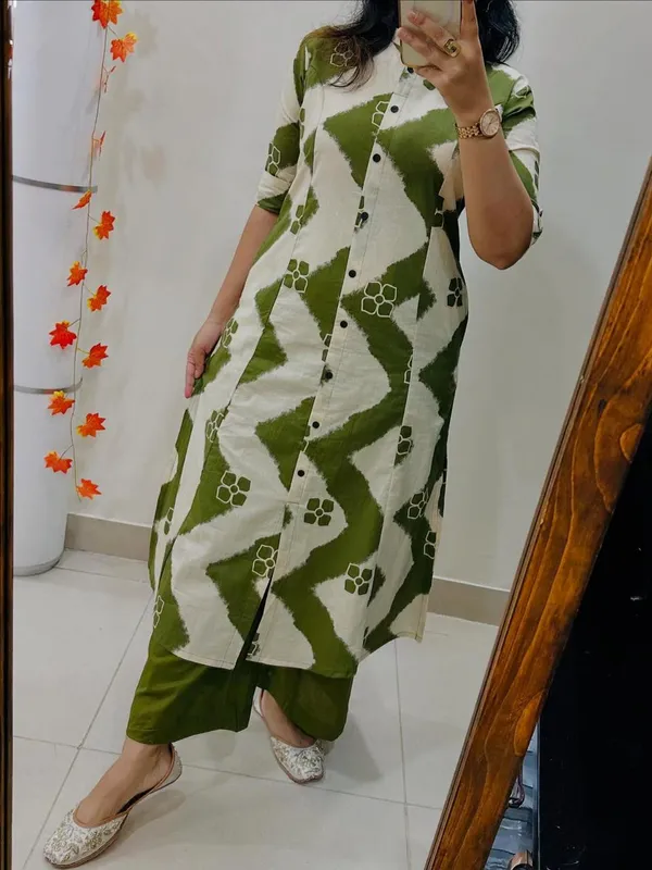 Printed_Green_Cotton_Kurti_Plazo_Set
