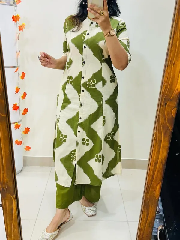 Printed_Green_Cotton_Kurti_Plazo_Set