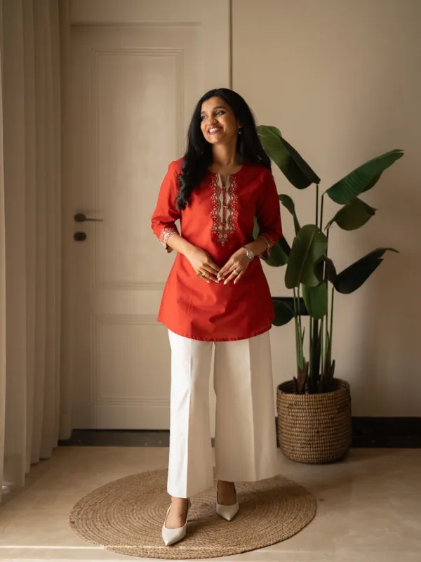 Embroidery_Work_Red_Cotton_Top_Set