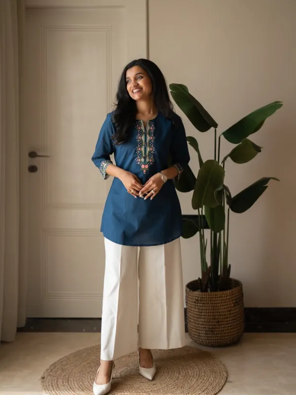 Embroidery_Work_Blue_Cotton_Top_Set