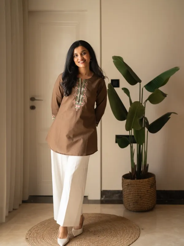 Embroidery_Work_Brown_Cotton_Top_Set