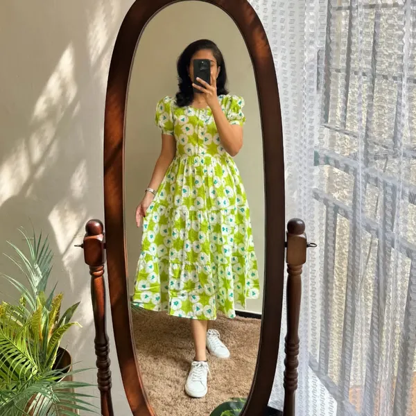 ikkat_Print_Cotton_Full_Flair_Green_Middi_Gown