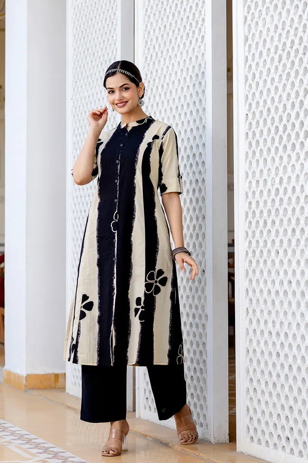 Floral_Print_Cotton_Black_Kurti_Plazo_Set