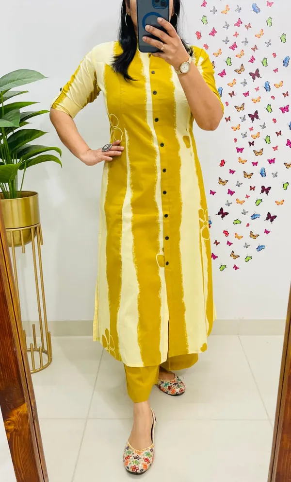Floral_Print_Cotton_Yellow_Kurti_Plazo_Set