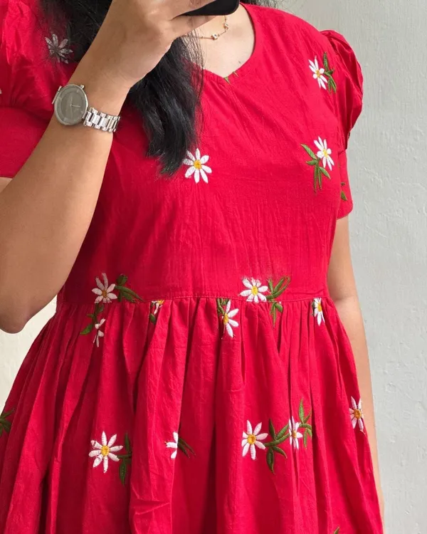 Red_Embroidary_Work_Cotton_Midi_Kurti_for_women