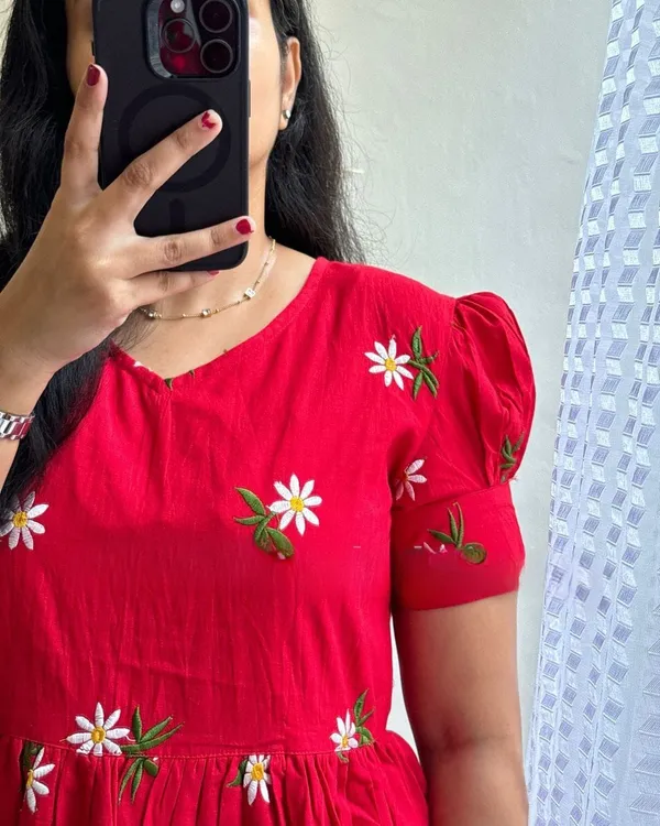Red_Embroidary_Work_Cotton_Midi_Kurti_for_women