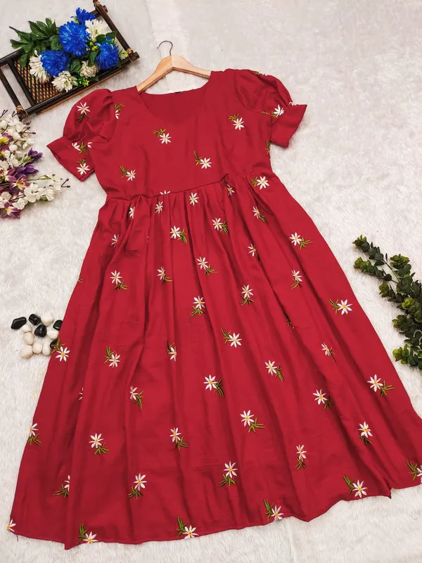 Red_Embroidary_Work_Cotton_Midi_Kurti_for_women