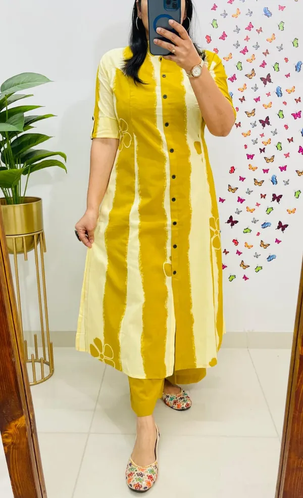 Floral_Print_Cotton_Yellow_Kurti_Plazo_Set