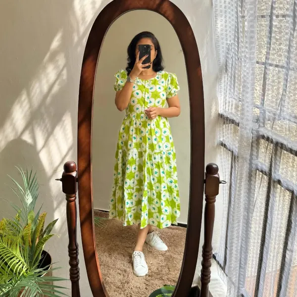 ikkat_Print_Cotton_Full_Flair_Green_Middi_Gown