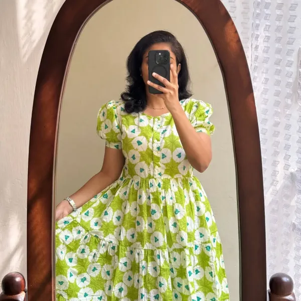ikkat_Print_Cotton_Full_Flair_Green_Middi_Gown