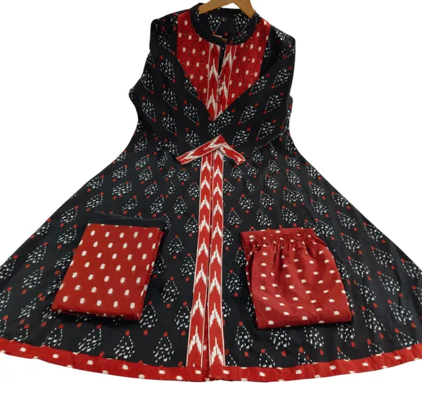 Anarkali_Ikkat_Print_Black_Color_Cotton_Suit_Set