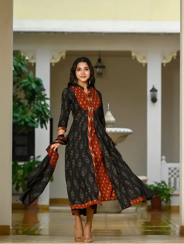 Anarkali_Ikkat_Print_Black_Color_Cotton_Suit_Set