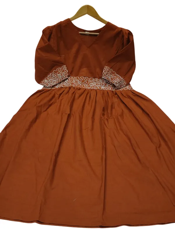 Rust_Color_Cotton_Embroidary_Work_Midi_Dress