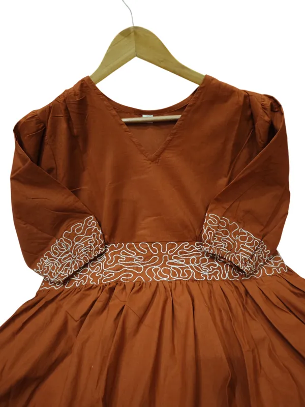 Rust_Color_Cotton_Embroidary_Work_Midi_Dress