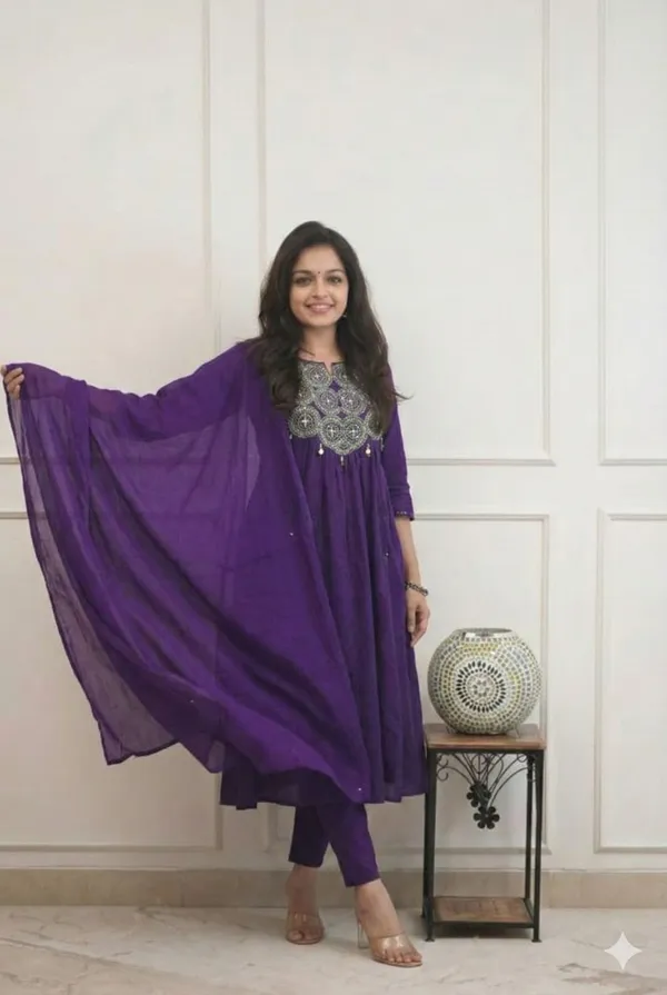 Embroidery_Work_Purple_Color_Cotton_Kurti_Pant_Duaptta_Set