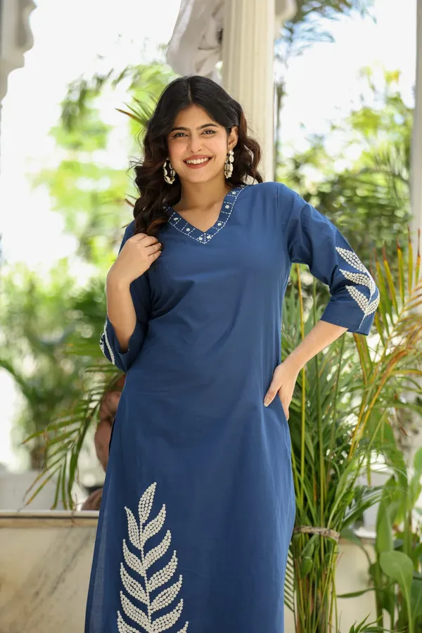 Women's_Royal_Blue_Cotton_V-Neck_Kurti_Set_with_Leaf_Embroidery_&_Palazzo_Pants