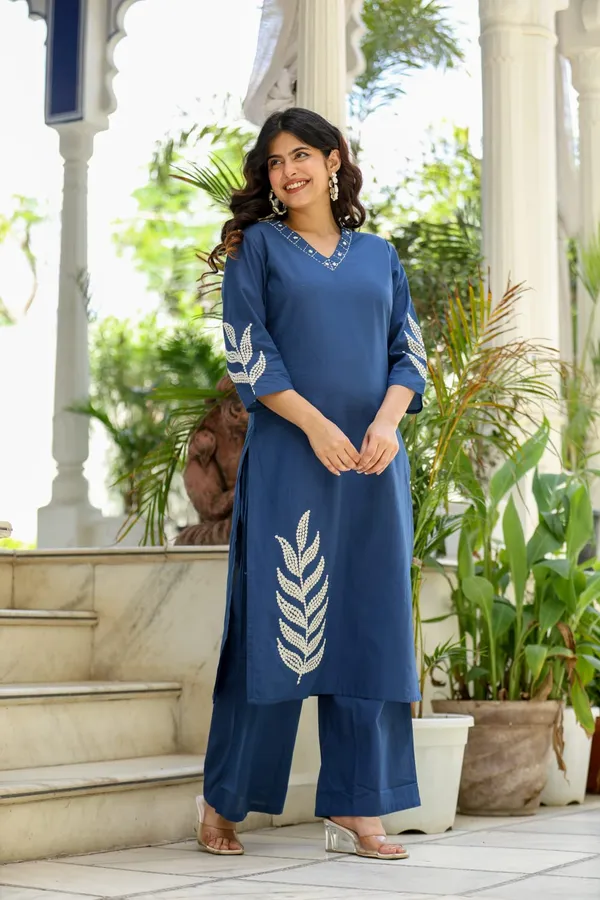 Women's_Royal_Blue_Cotton_V-Neck_Kurti_Set_with_Leaf_Embroidery_&_Palazzo_Pants