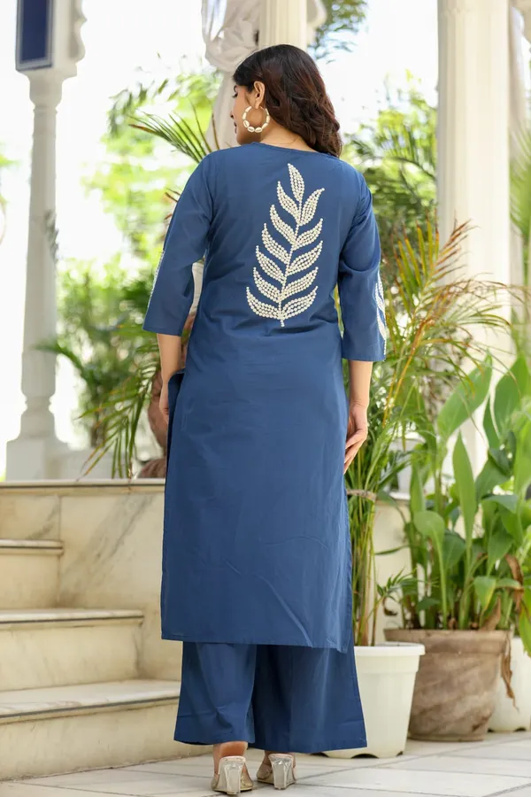 Women's_Royal_Blue_Cotton_V-Neck_Kurti_Set_with_Leaf_Embroidery_&_Palazzo_Pants
