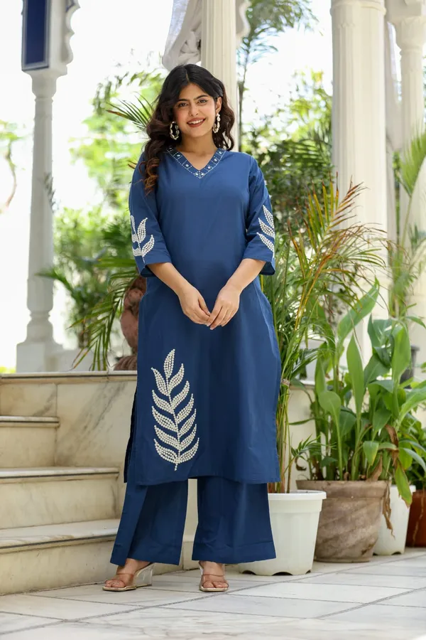 Women's_Royal_Blue_Cotton_V-Neck_Kurti_Set_with_Leaf_Embroidery_&_Palazzo_Pants