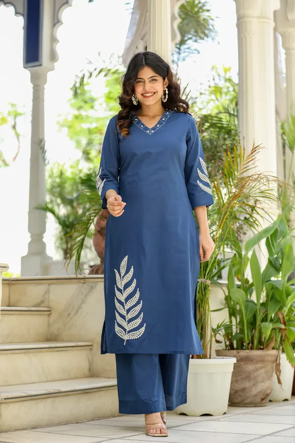Women's_Royal_Blue_Cotton_V-Neck_Kurti_Set_with_Leaf_Embroidery_&_Palazzo_Pants