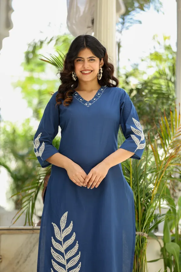 Women's_Royal_Blue_Cotton_V-Neck_Kurti_Set_with_Leaf_Embroidery_&_Palazzo_Pants