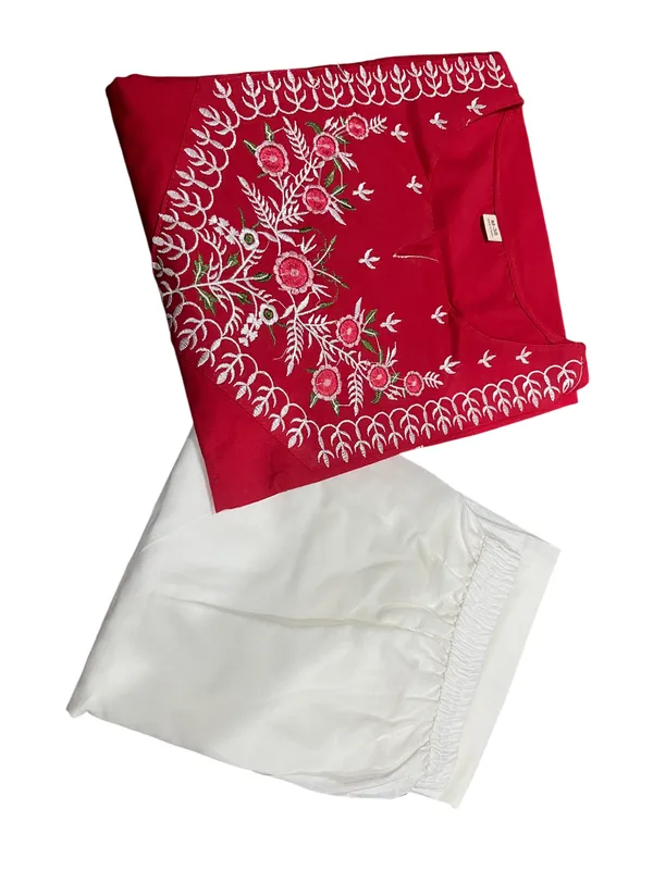 Embroidery_Work_Red_Color_Cotton_Kurti_Plazo_Set