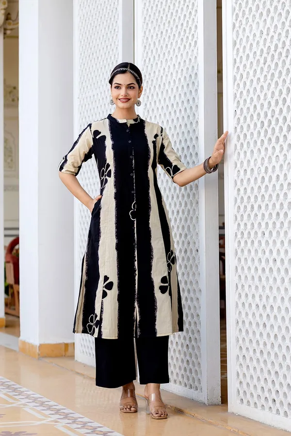 Floral_Print_Cotton_Black_Kurti_Plazo_Set