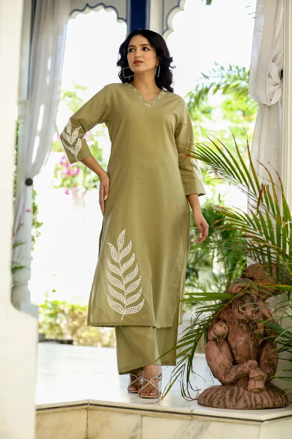 Olive_Green_Embroidered_Cotton_Kurta_&_Palazzo_Set
