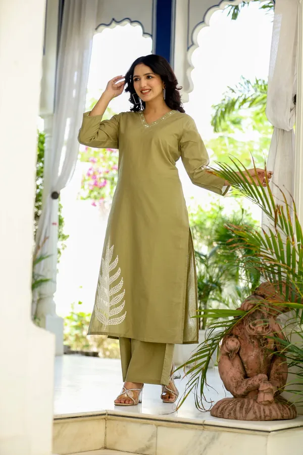 Olive_Green_Embroidered_Cotton_Kurta_&_Palazzo_Set