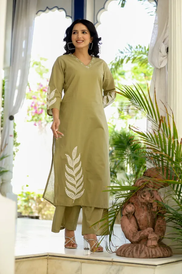 Olive_Green_Embroidered_Cotton_Kurta_&_Palazzo_Set