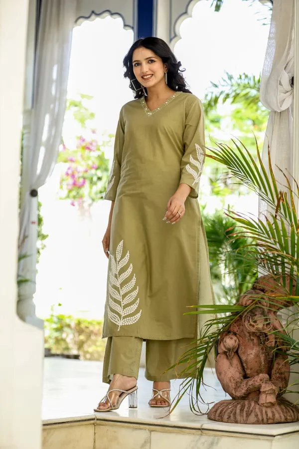 Olive_Green_Embroidered_Cotton_Kurta_&_Palazzo_Set