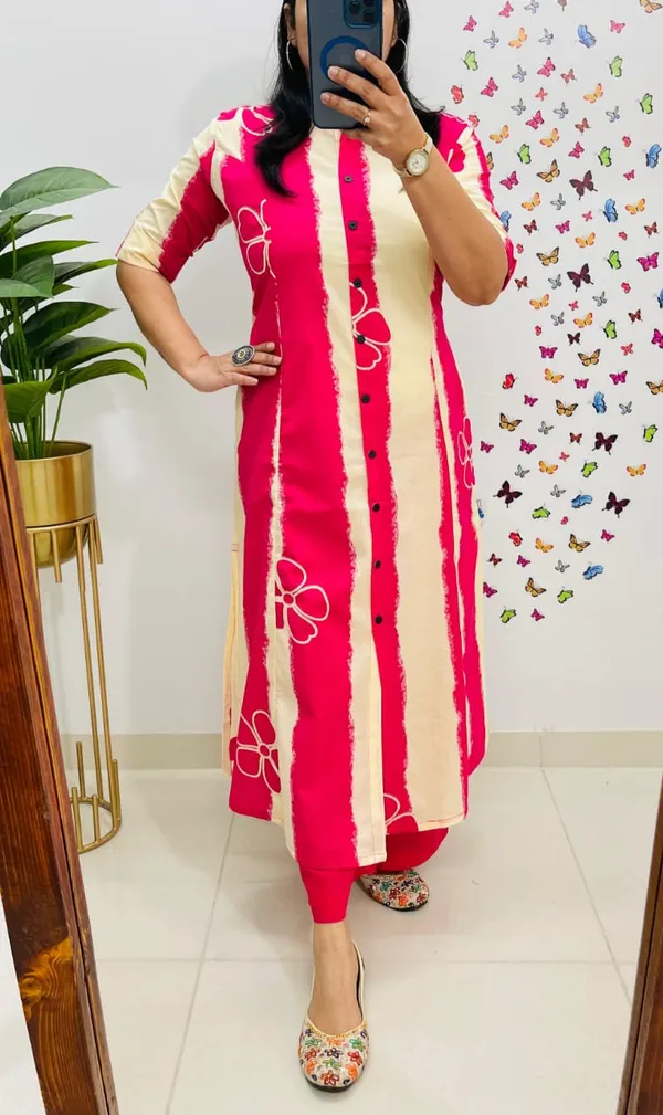 Floral_Print_Cotton_Pink_Kurti_Plazo_Set