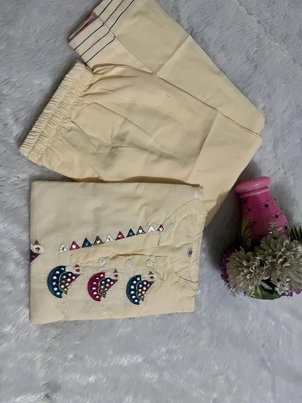 Embroidery_Work_Cream_Kurti_Plazo_Set