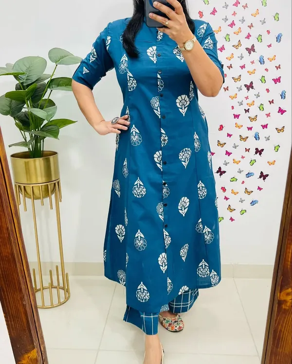 Printed_Blue_Cotton_Kurti_Plazo_Set
