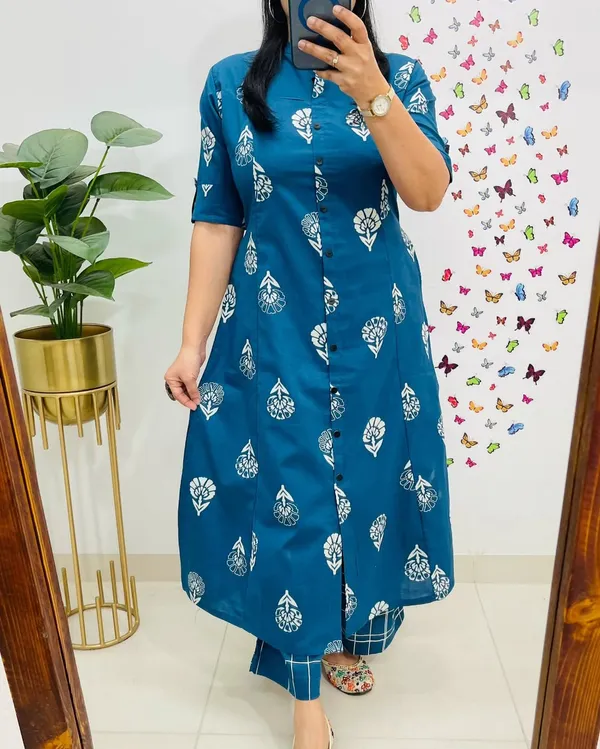 Printed_Blue_Cotton_Kurti_Plazo_Set