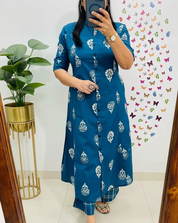 Printed_Blue_Cotton_Kurti_Plazo_Set