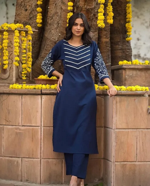 Embroidery_Work_Blue_Color_Cotton_Kurti_Pant