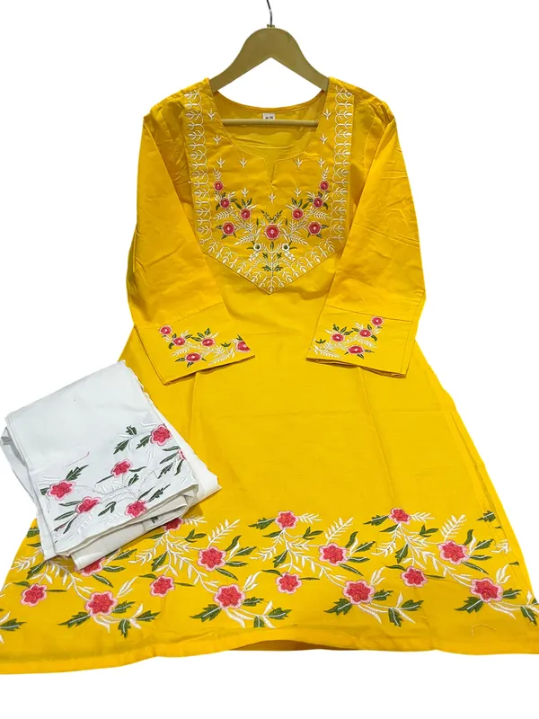 Embroidery_Work_Yellow_Color_Cotton_Kurti_Plazo_Set