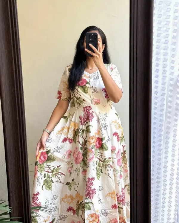 Cream_Color_Printed_Cotton_Middy_Gown