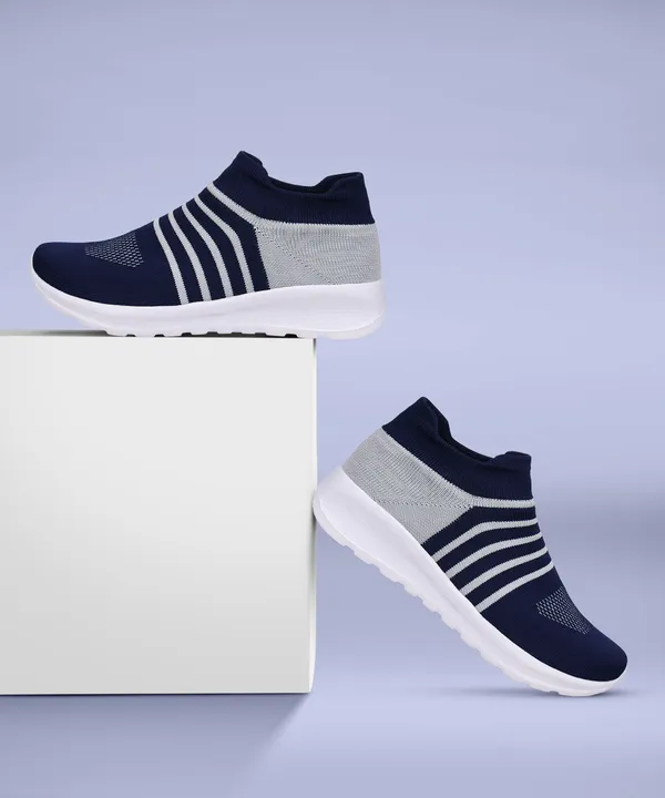 Navy_&_Grey_Woven_Design_Mesh_Eva_Sole_Sports_Walking_Shoes_For_Men
