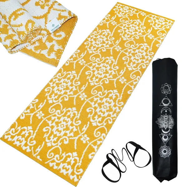 Yellow_Premium_Handmade_KnittedCotton_Yoga_Mat_With_Strong_Anti_Skid_Backing,_Carry_Bag_&_Strap_(8Mm)
