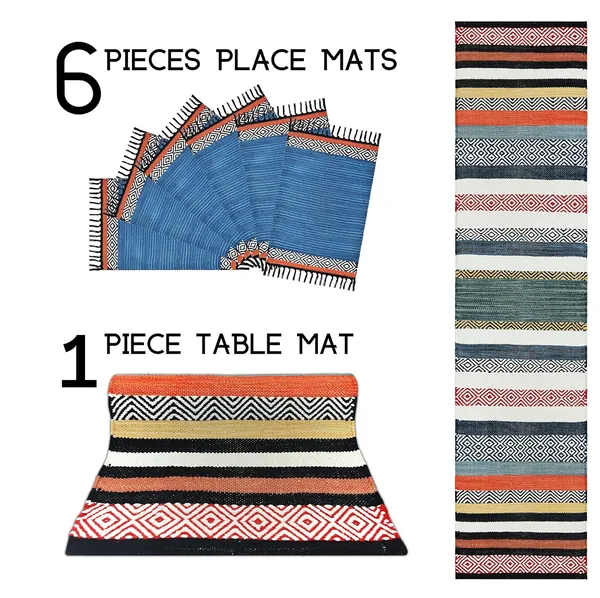 Multicolor_Handmade_Knitted_Thick_Machine_Washable_Table_Mats_(1_Table_Runner_&_6_Place_Mats)_(16_X_72_Inch_|_12_X_18_Inch)_(Pack_Of_7_Pcs)