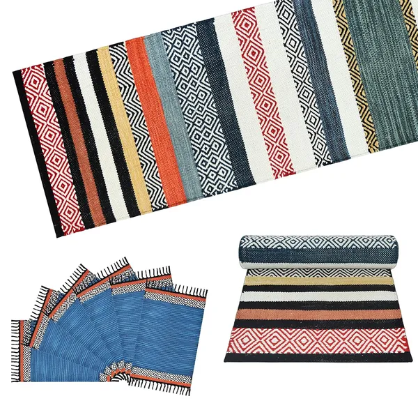 Multicolor_Handmade_Knitted_Thick_Machine_Washable_Table_Mats_(1_Table_Runner_&_6_Place_Mats)_(16_X_72_Inch_|_12_X_18_Inch)_(Pack_Of_7_Pcs)