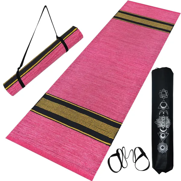 Pink_Premium_Handmade_Knitted_Cotton_Yoga_Mat_With_Strong_Anti_Skid_Backing,_Carry_Bag_&_Strap_(2_X_6_Feet_|_5_Mm_Thick)