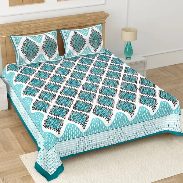 White-Green_Soft_Cotton_Double_Bedsheet_With_Set_Of_2_Pillow_Covers
