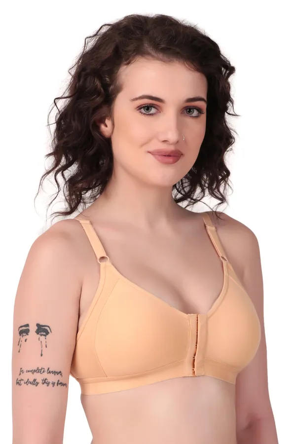 Beige_Premium_Non_Padded_Solid_Hosiery_Fancy_Front_Open_Bra_For_Women