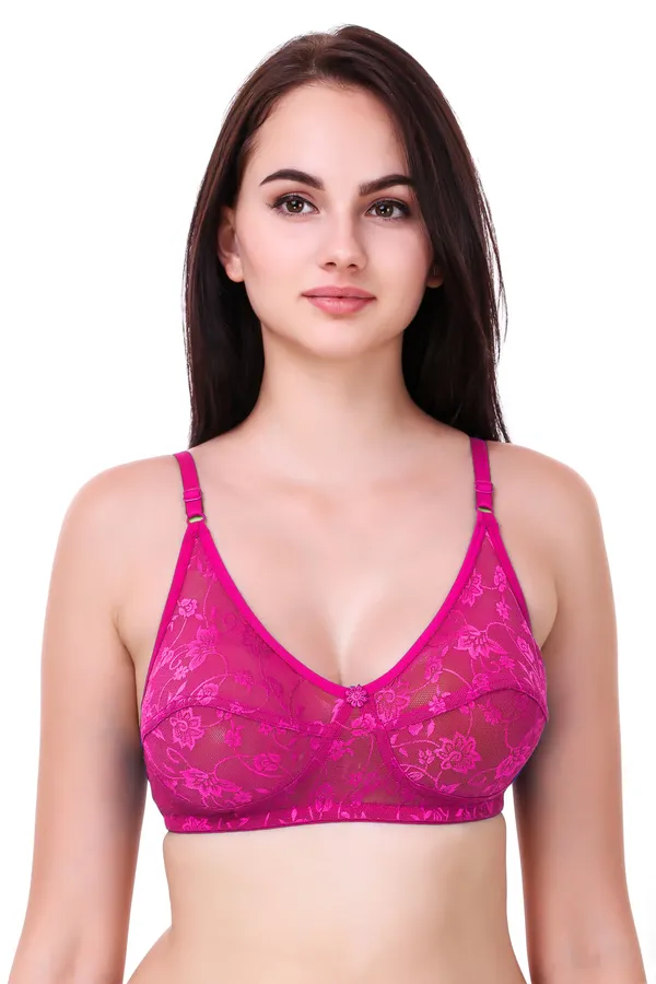 Non-Padded_Bra_of_3_-_Pink,_Black,_Magenta,_Lace/Net_Seamed_Cup,