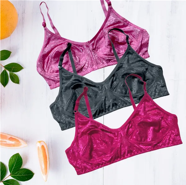 Non-Padded_Bra_of_3_-_Pink,_Black,_Magenta,_Lace/Net_Seamed_Cup,