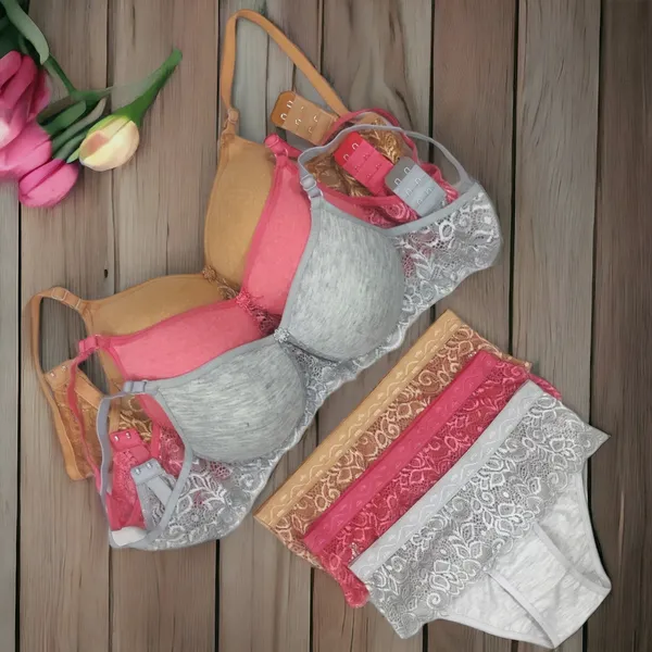 Start_Your_Day_in_Comfort:_Padded_Lace_Bra_Set_Pack_of_3_|_Grey,_Beige_&_Carrot